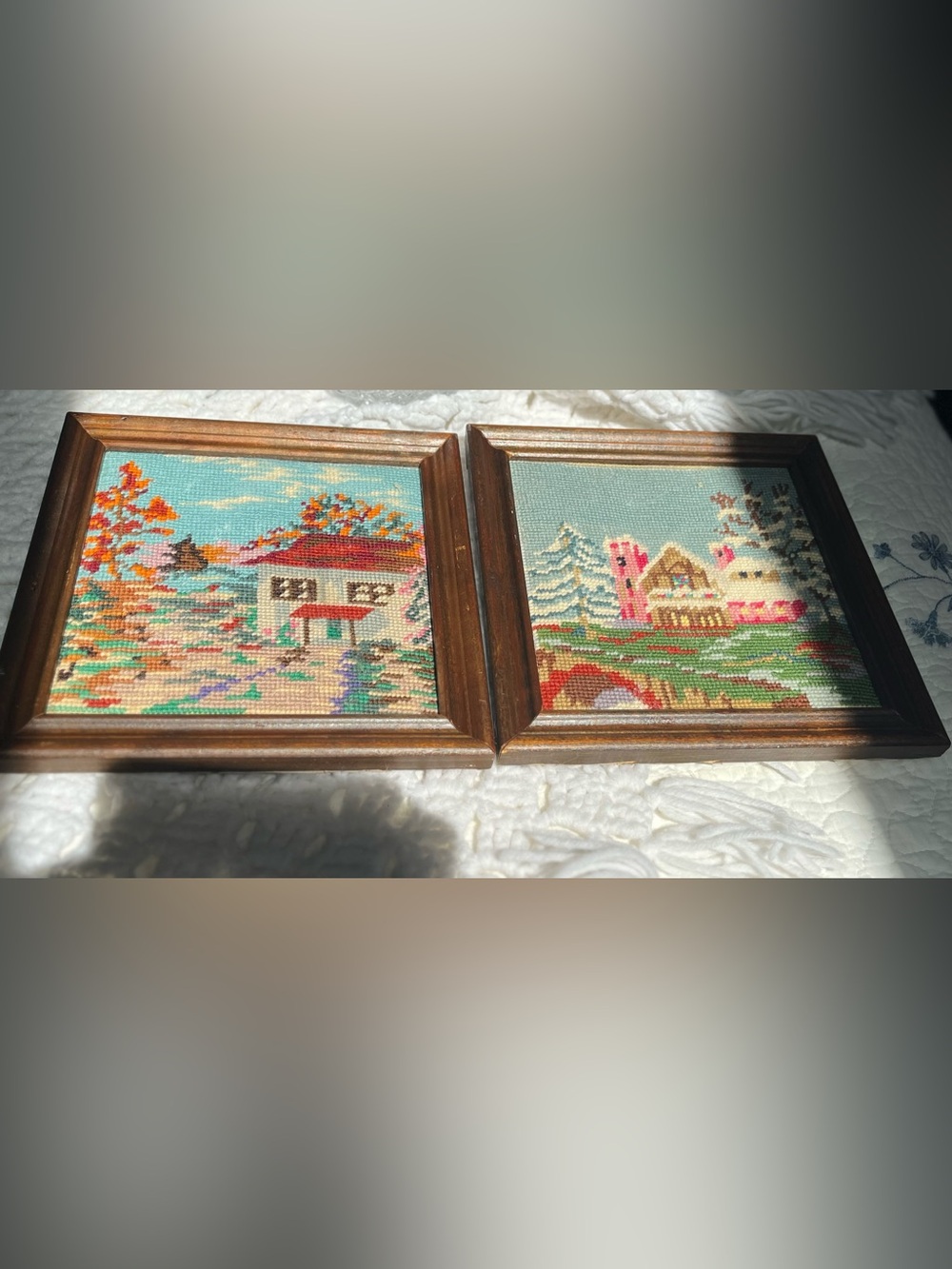 Vintage Handcrafted Framed Fall & Winter Home Art Needlepoint